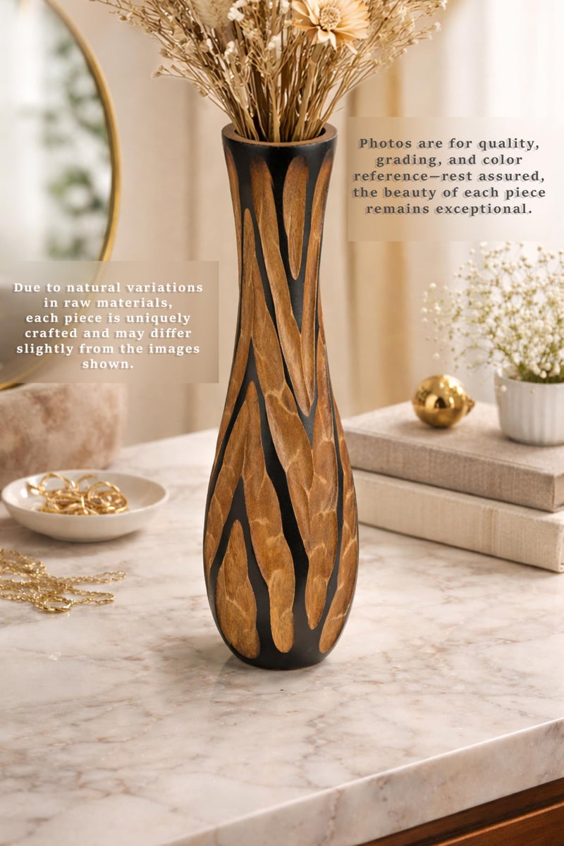 AeraVida Beautifully Hand Carved Etched Dark Brown Mango Tree Wood Vase | 14 inch | Classic Flower Vase - Image 4